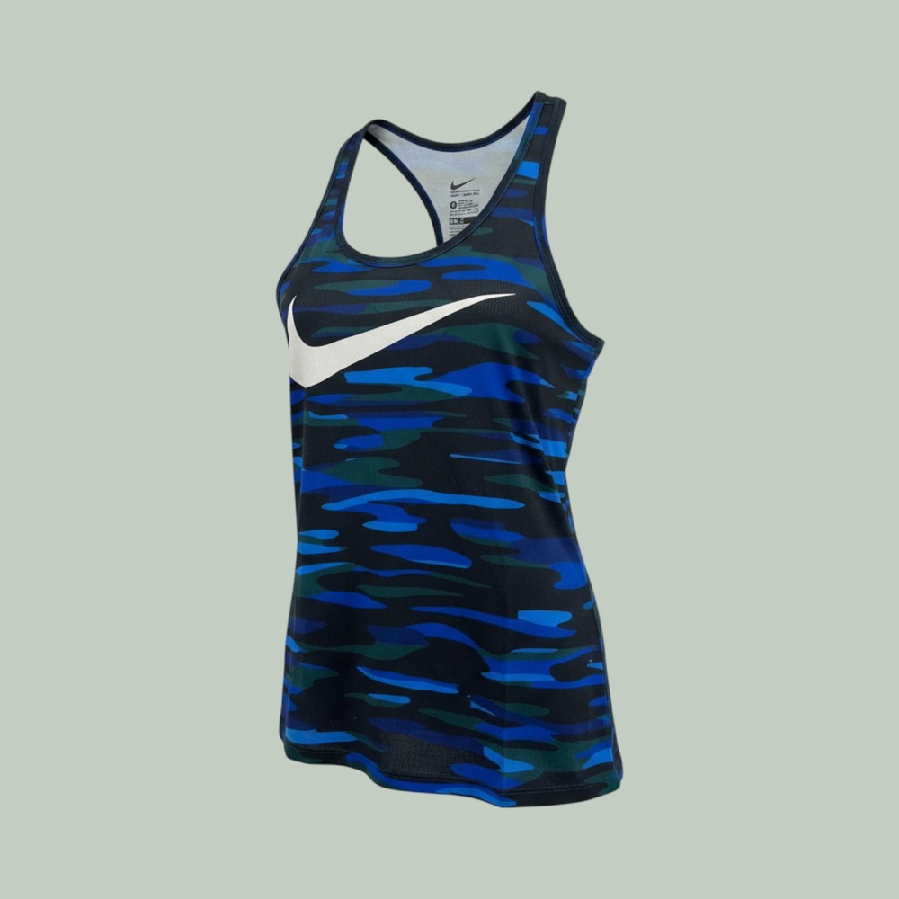 Nike Dri-FIT Camo Racerback Tank Top Blue Green Swoosh 703707-455 XS‎